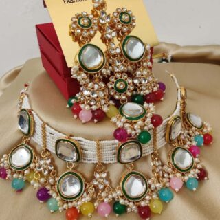 Kundan choker necklace with jhumkie earrings, tikka combo