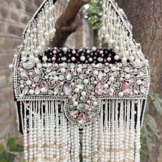 Box Style_Flap Bags Collection ,Embroidered Flap Bag With Tassels This Elegant clutch made with Beads & Pearl in Velvet Fabric.