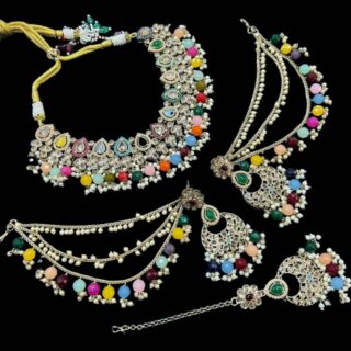 Gold plated polki Necklace + bahubali earrings + tikka