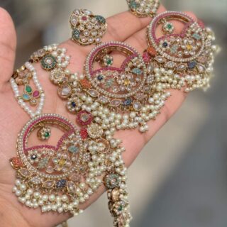 Pakistani Work Neckline With Beautiful Earrings And Tika Reverse Ad Stone Work
