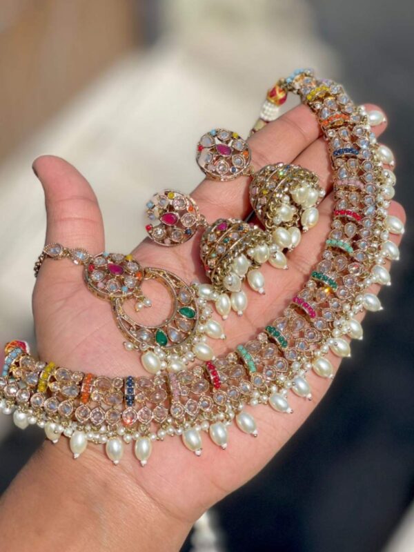 Pakistani Work Neckline With Jhumka And Tika Reverse Ad Stone Work