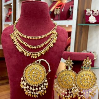 Jadau Triple Layer Neckline With Earrings And Tika