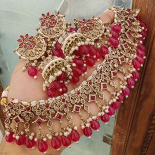 Mehendi Polish Reverse Diamond Necklace With Jumkie Earings And Tika