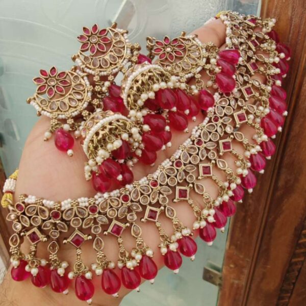 Mehendi Polish Reverse Diamond Necklace With Jumkie Earings And Tika