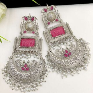 Monalisa Stone  Work German Silver Statement Earrings